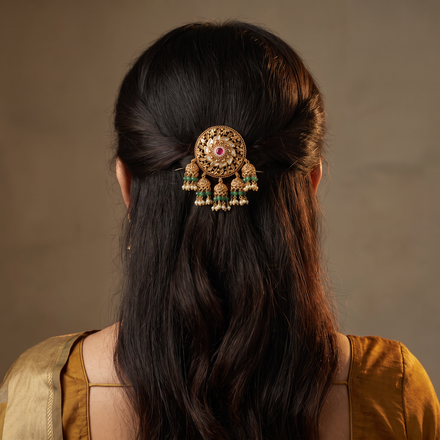 Antique Jade Bille Featuring Layered Floral Detailing and Decorative Beadwork