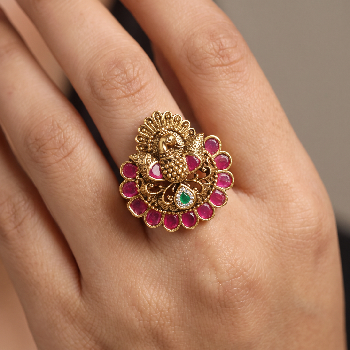Peacock Centre with Ornamental Petals and Fine Detailing Antique Finger Ring