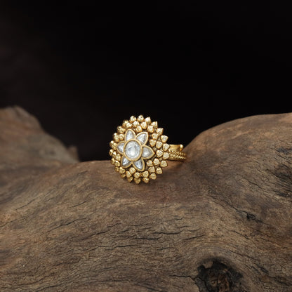 Antique Finger Ring with Ornamental Flower Design and Sculpted Petal Surround