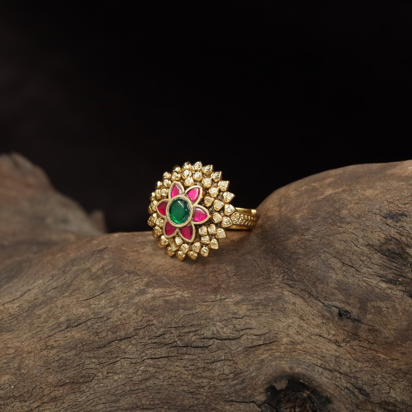 Antique Finger Ring with Ornamental Flower Design and Sculpted Petal Surround
