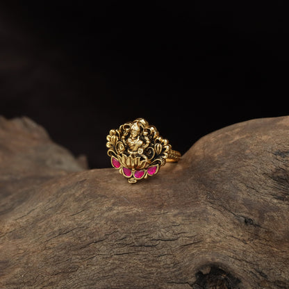 Lakshmi Figure with Intricate Scrollwork and lotus Detailing Antique Finger Ring