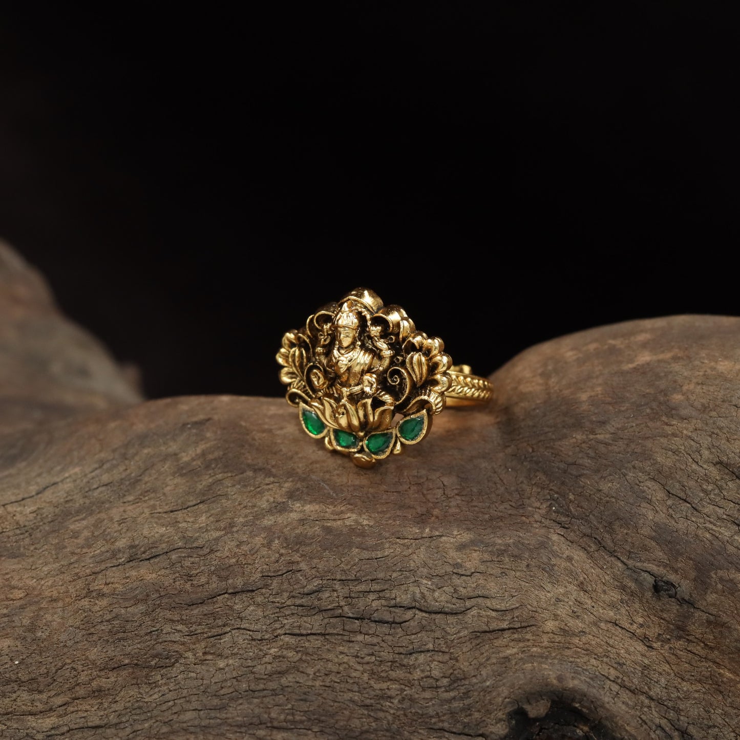 Lakshmi Figure with Intricate Scrollwork and lotus Detailing Antique Finger Ring