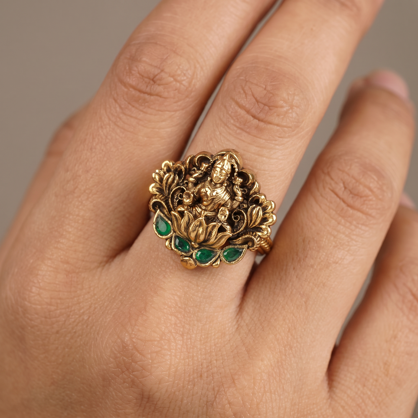 Lakshmi Figure with Intricate Scrollwork and lotus Detailing Antique Finger Ring