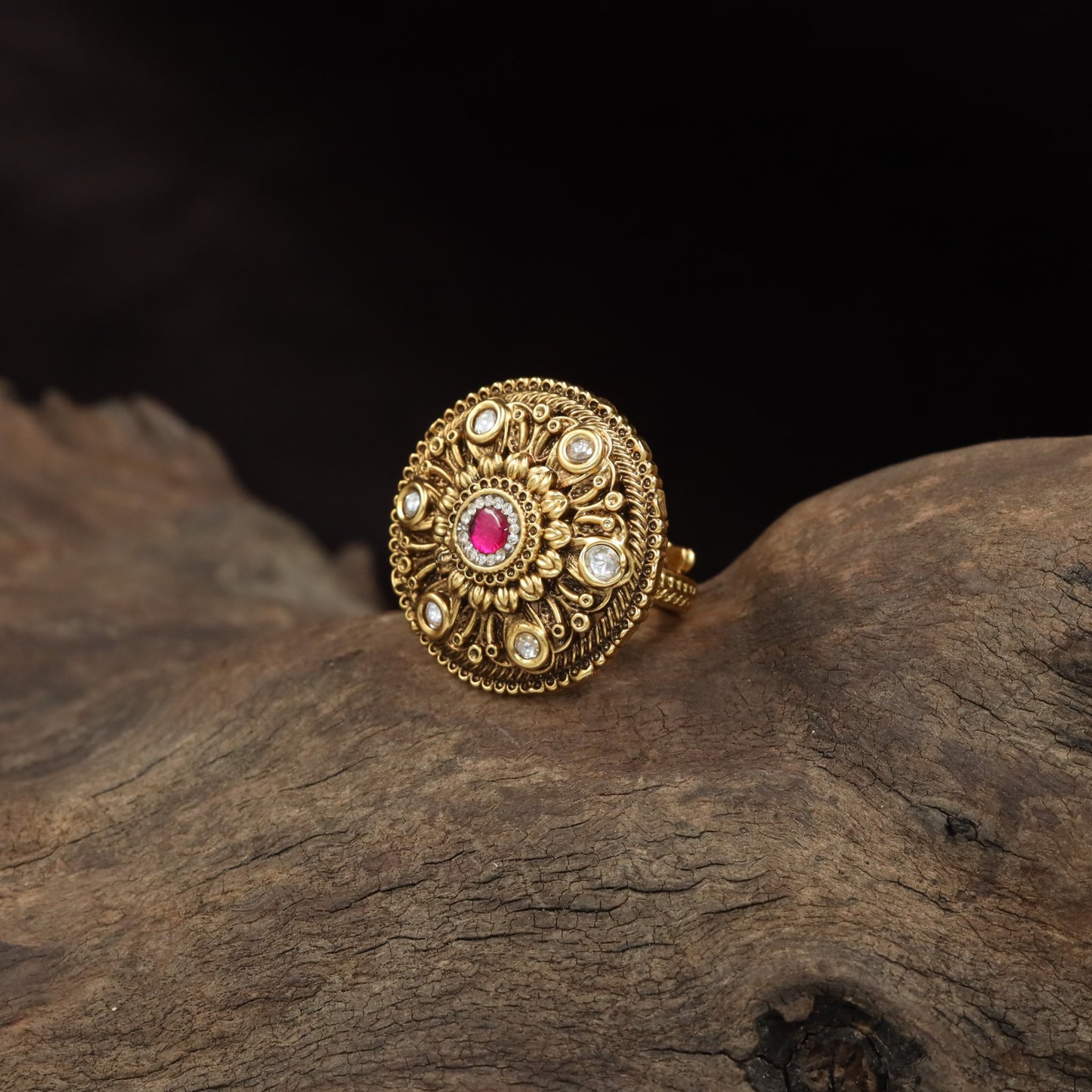 Traditional Floral Finger Ring with Detailed Centre Work and Ornamental Circular Frame