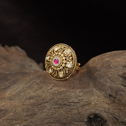 Traditional Floral Finger Ring with Detailed Centre Work and Ornamental Circular Frame