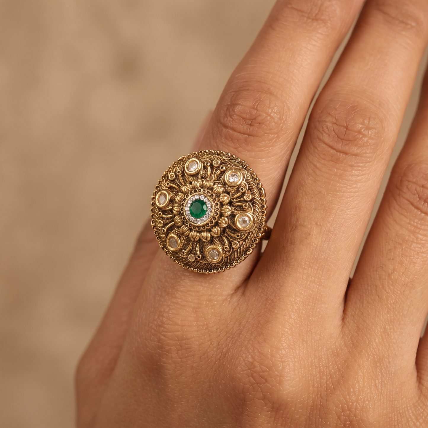 Traditional Floral Finger Ring with Detailed Centre Work and Ornamental Circular Frame