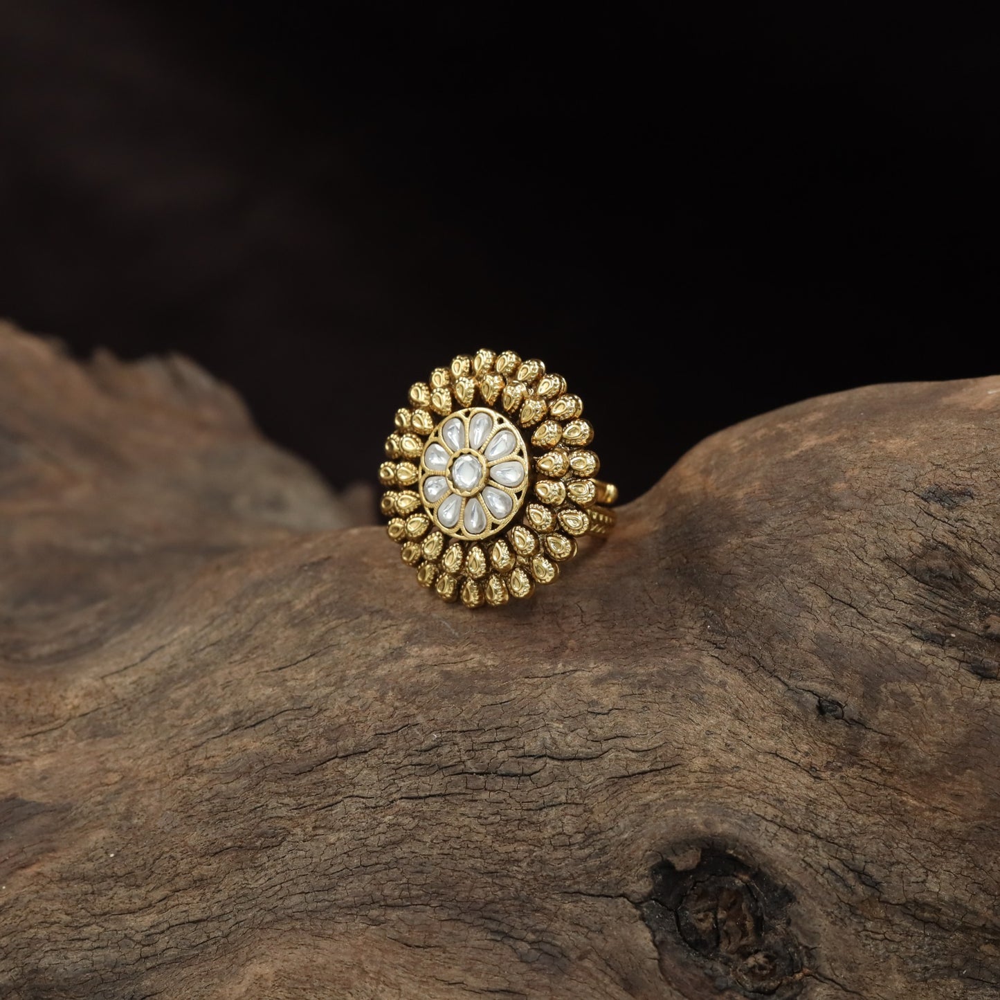 Antique Finger Ring with Symmetrical Floral Work and Fine Beaded Edging