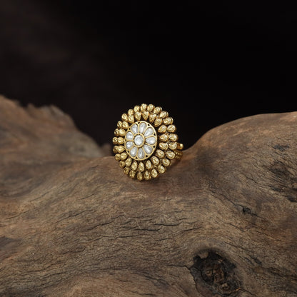 Antique Finger Ring with Symmetrical Floral Work and Fine Beaded Edging