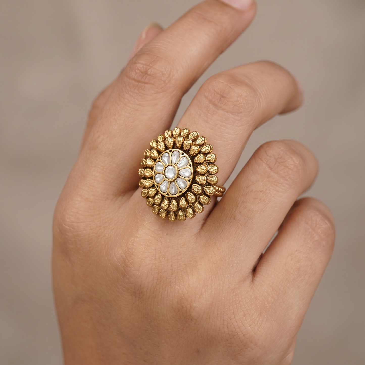 Antique Finger Ring with Symmetrical Floral Work and Fine Beaded Edging