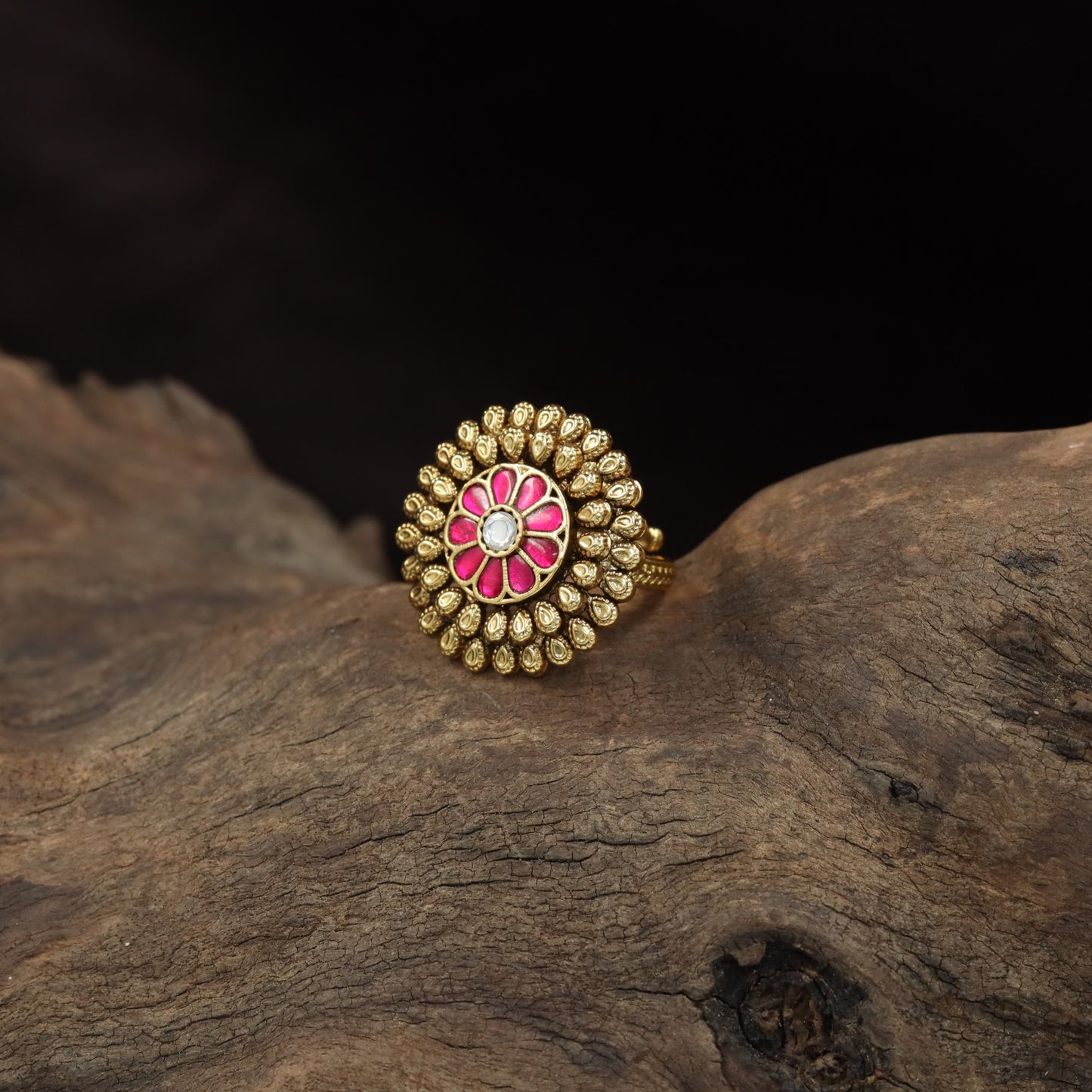 Antique Finger Ring with Symmetrical Floral Work and Fine Beaded Edging