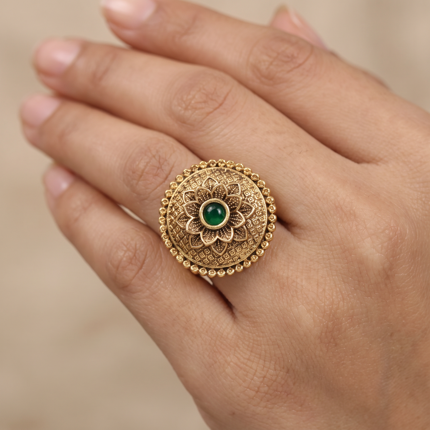 Floral Antique Finger Ring with Intricate Circular Work and Sculpted Centre