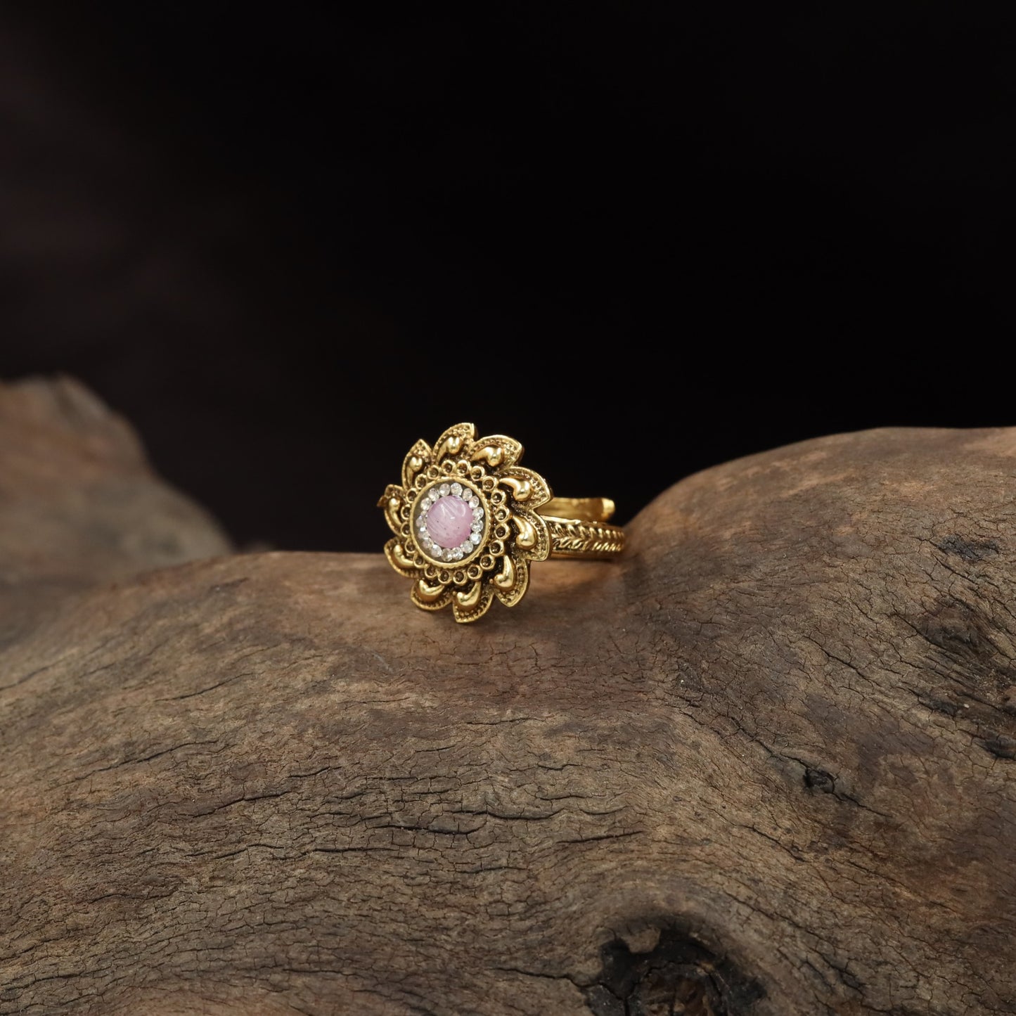 Floral Antique Finger Ring with Sculpted Petals and Ornate Centre