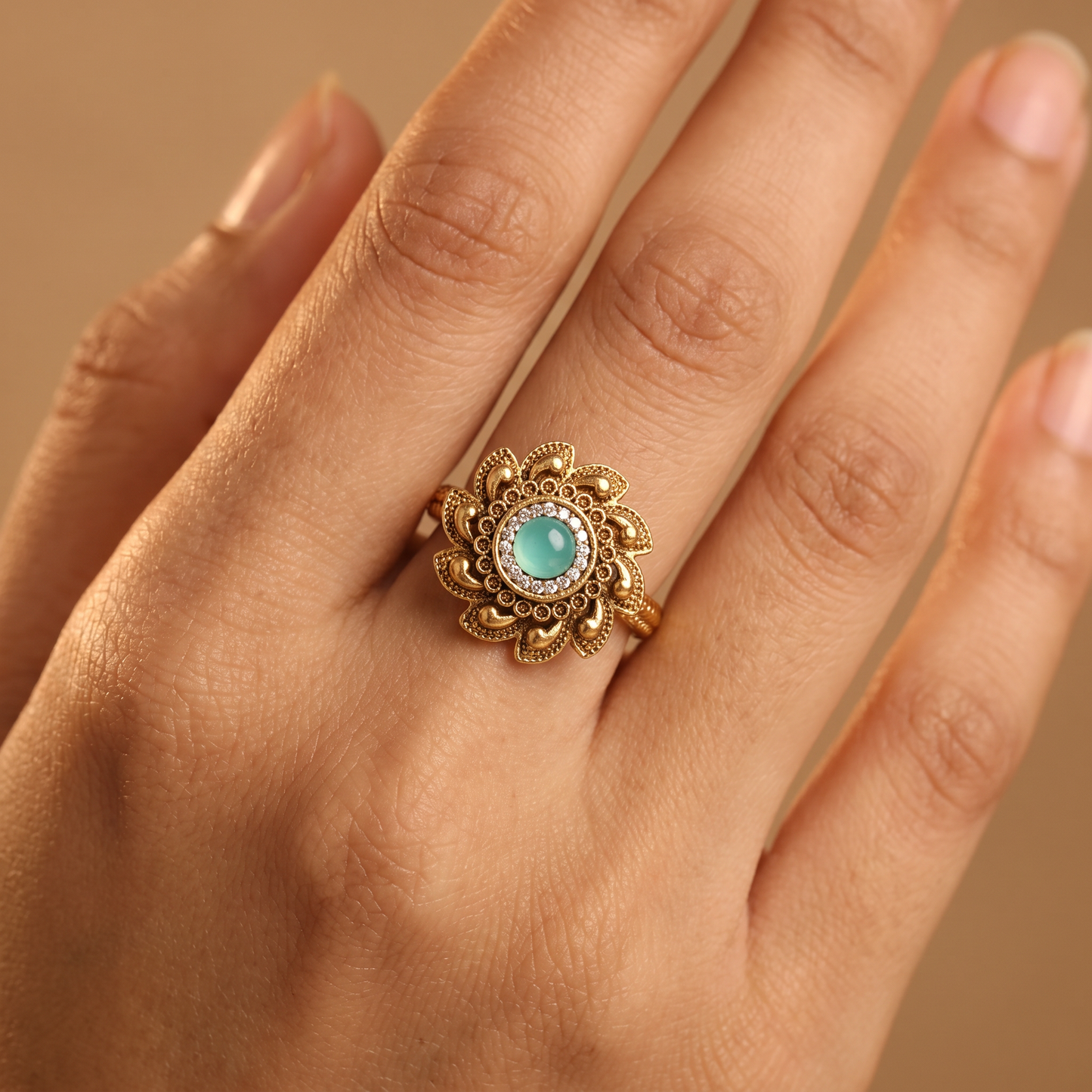 Floral Antique Finger Ring with Sculpted Petals and Ornate Centre
