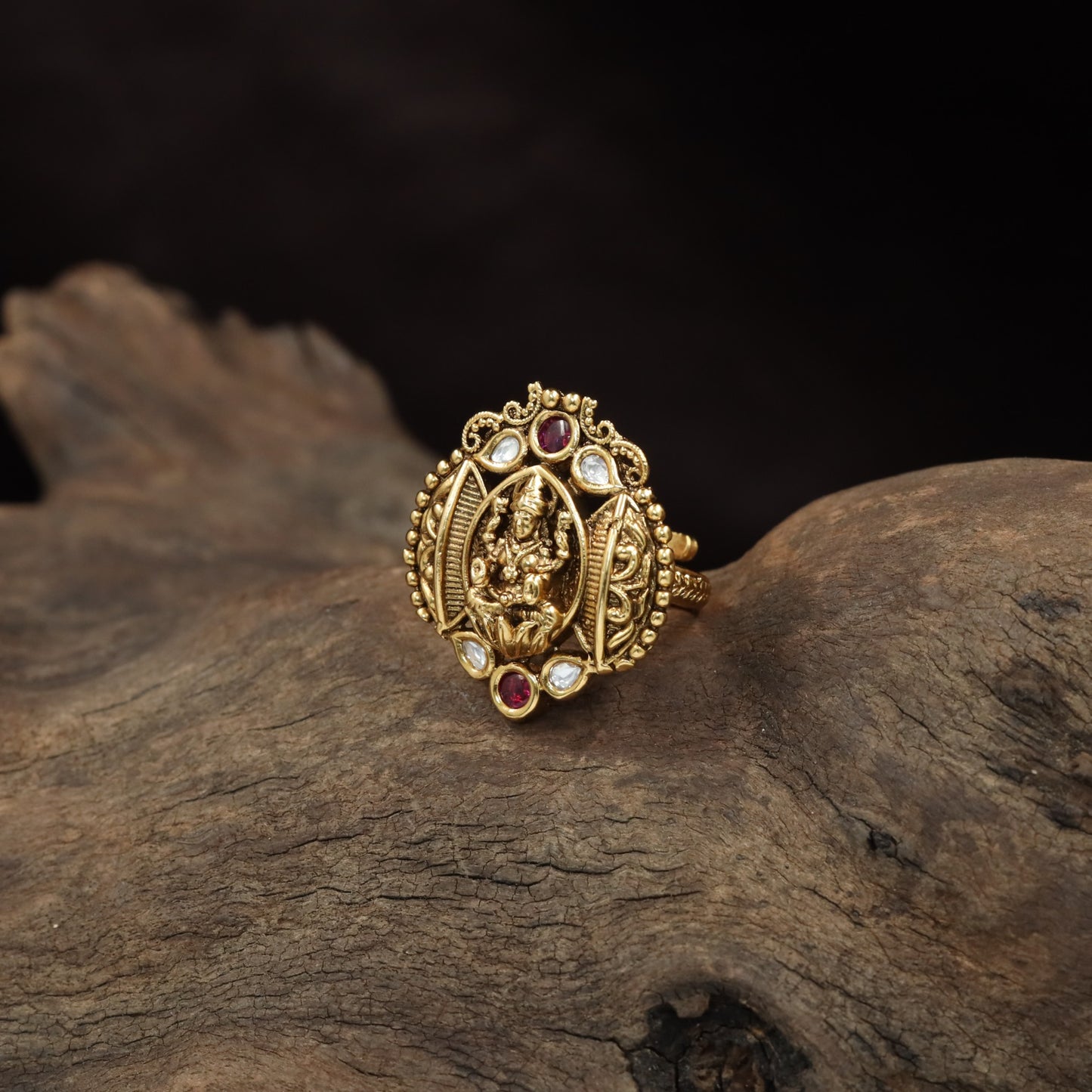 Lakshmi Antique Finger Ring with Ornate Oval Frame and Intricate Detailing