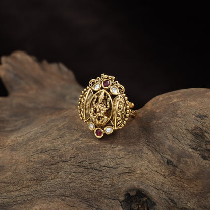 Lakshmi Antique Finger Ring with Ornate Oval Frame and Intricate Detailing
