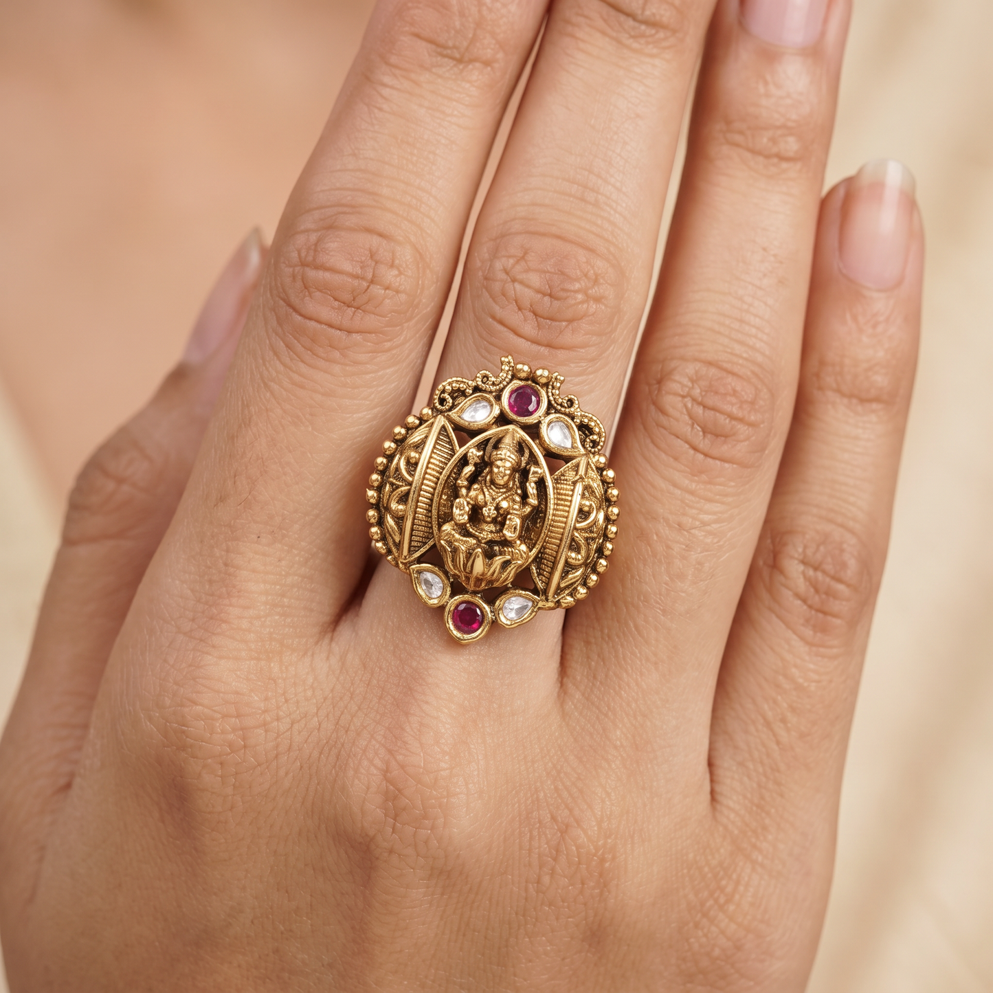 Lakshmi Antique Finger Ring with Ornate Oval Frame and Intricate Detailing