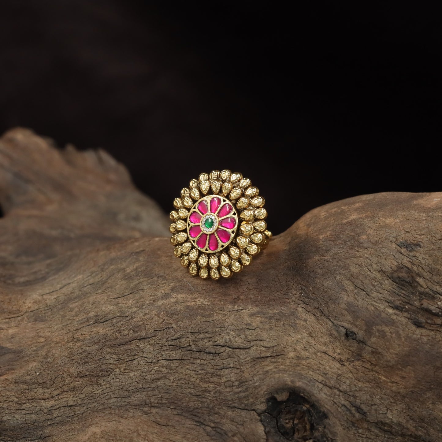 Symmetrical Floral Design with Detailed Petal Border Antique Finger Ring