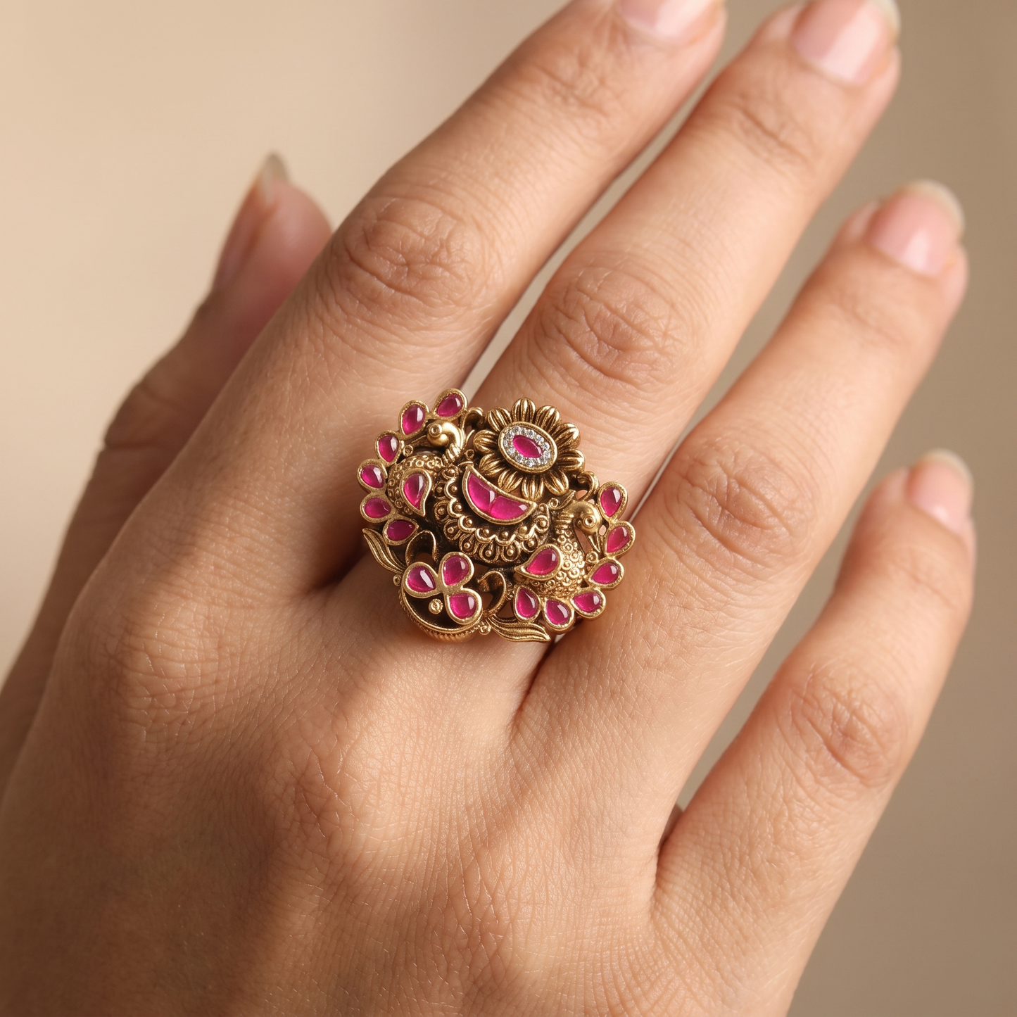 Traditional Antique Finger Ring Featuring Floral Openwork and Decorative Petals