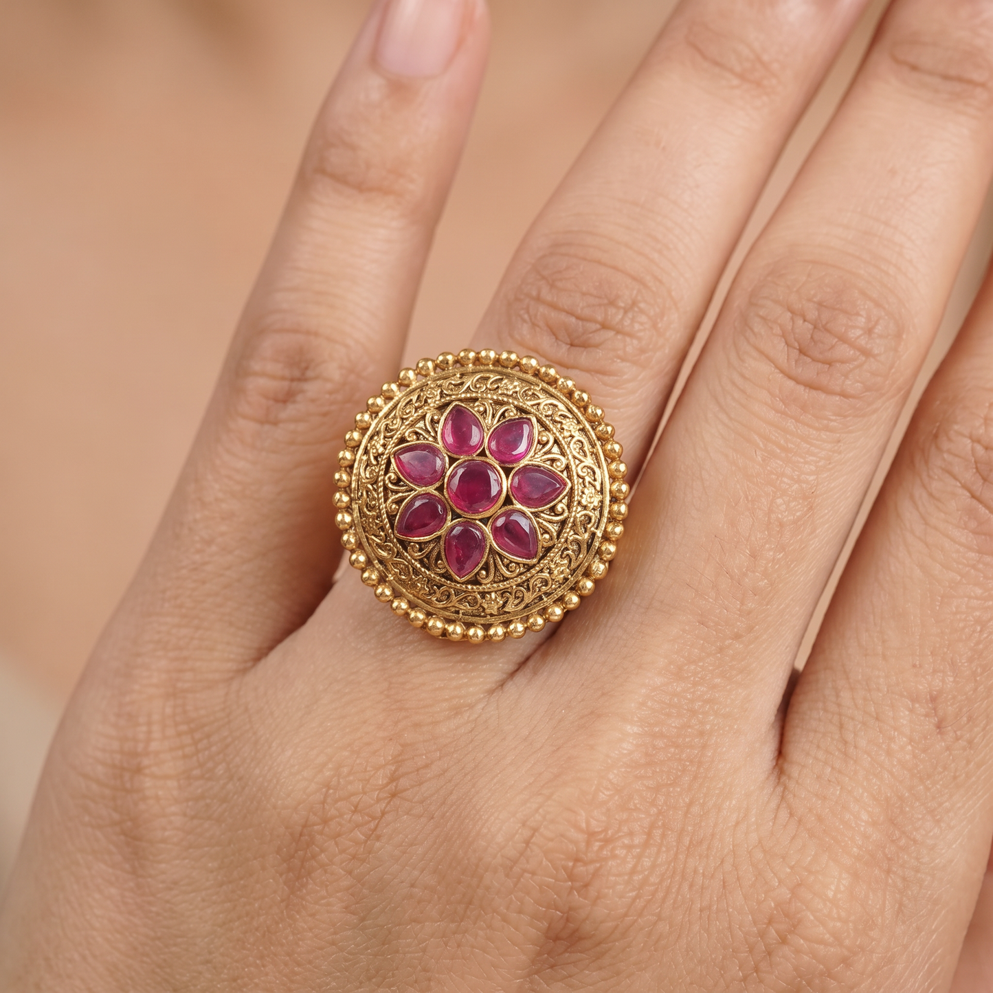 Ornate Flower Arrangement with Repeating Petals Antique Finger Ring
