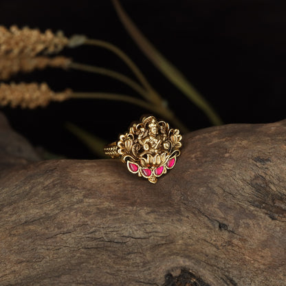 Lakshmi Antique Finger Ring with Sculpted Goddess Relief and Lotus Detailing