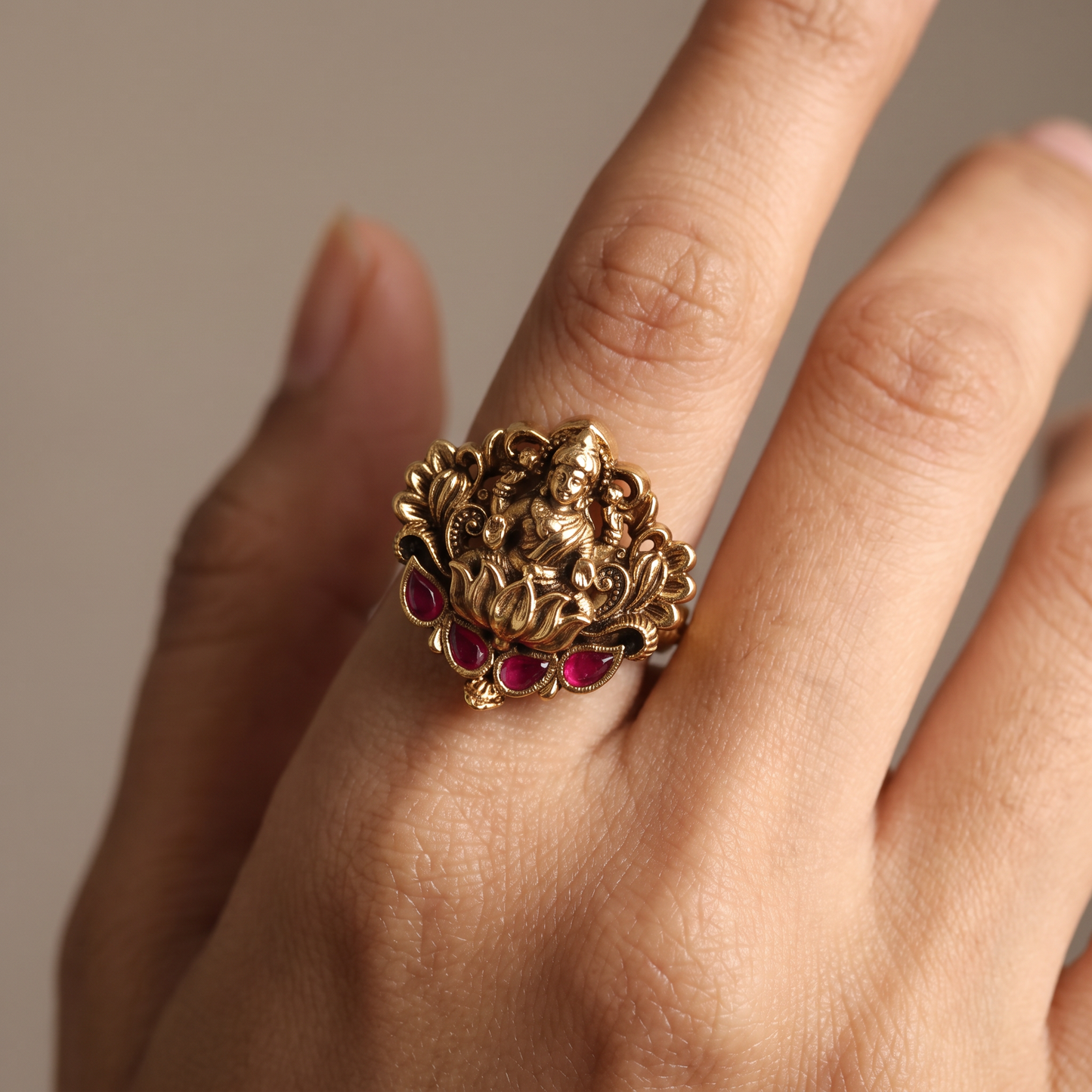 Lakshmi Antique Finger Ring with Sculpted Goddess Relief and Lotus Detailing