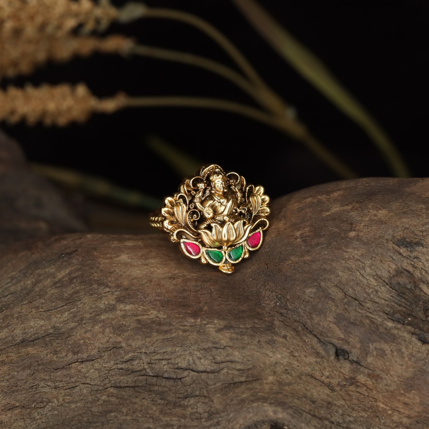 Lakshmi Antique Finger Ring with Sculpted Goddess Relief and Lotus Detailing