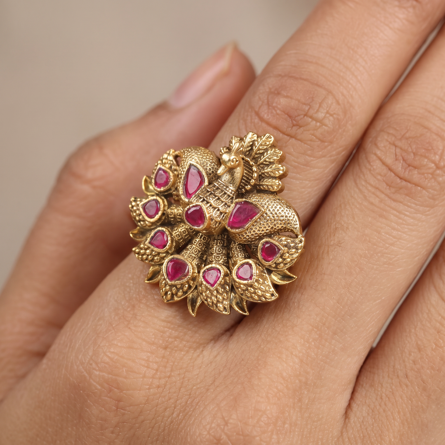 Peacock Antique Finger Ring with Intricate Feather Detailing and Ornate Centre