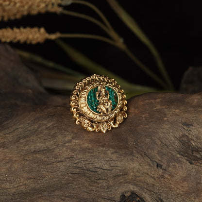 Lakshmi Antique Finger Ring with Ornate Circular Frame and Beaded Detailing