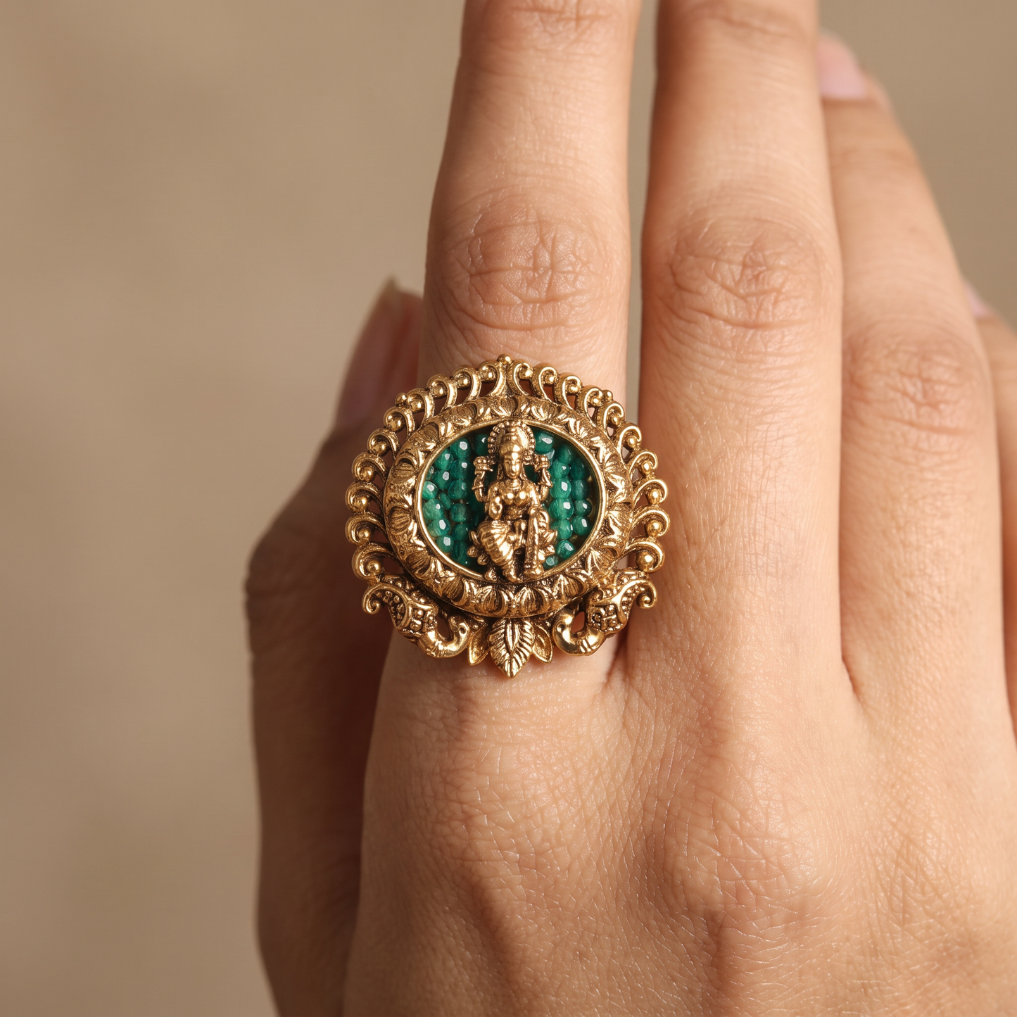 Lakshmi Antique Finger Ring with Ornate Circular Frame and Beaded Detailing