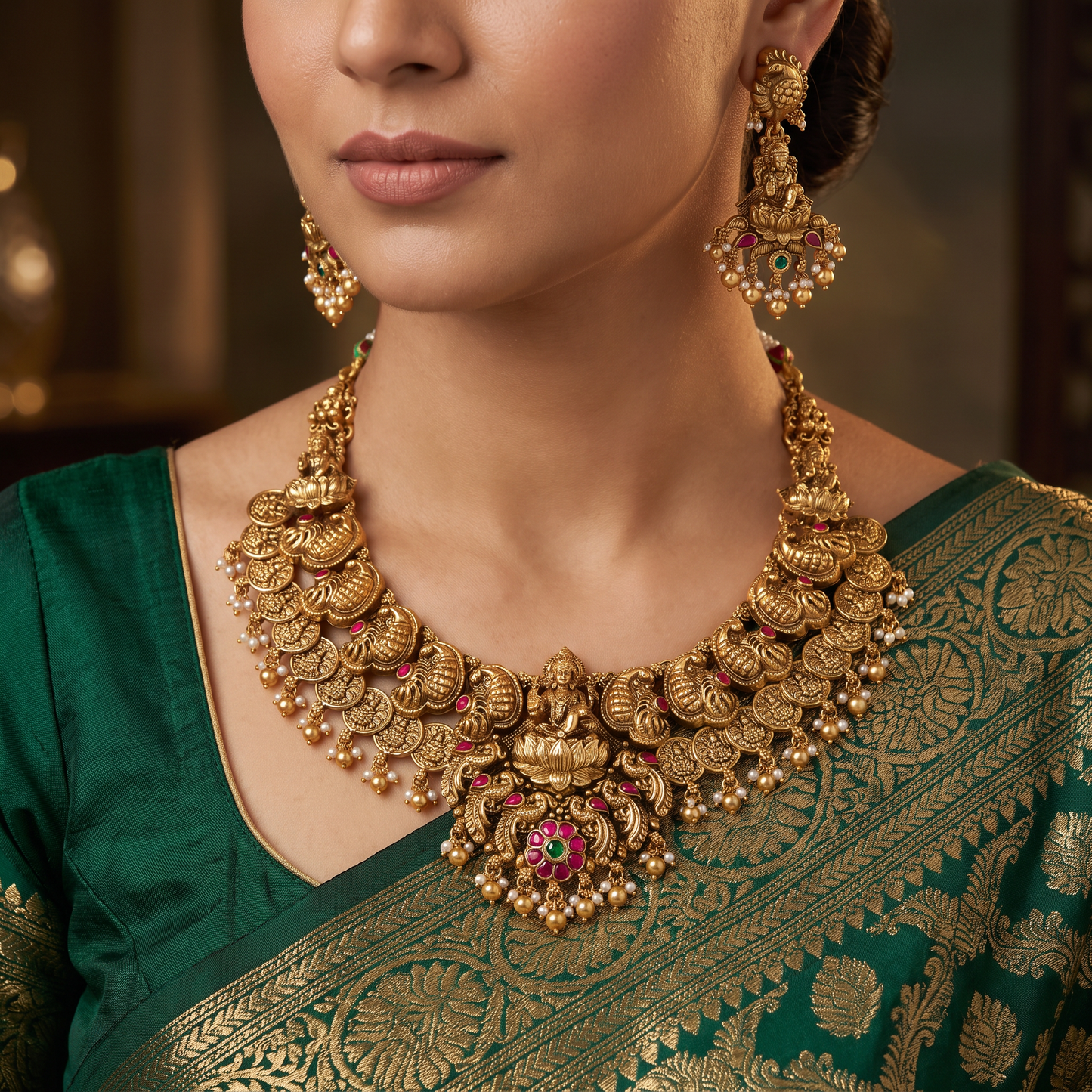 Antique Necklace with Detailed Lakshmi Centre and Decorative Hanging Elements