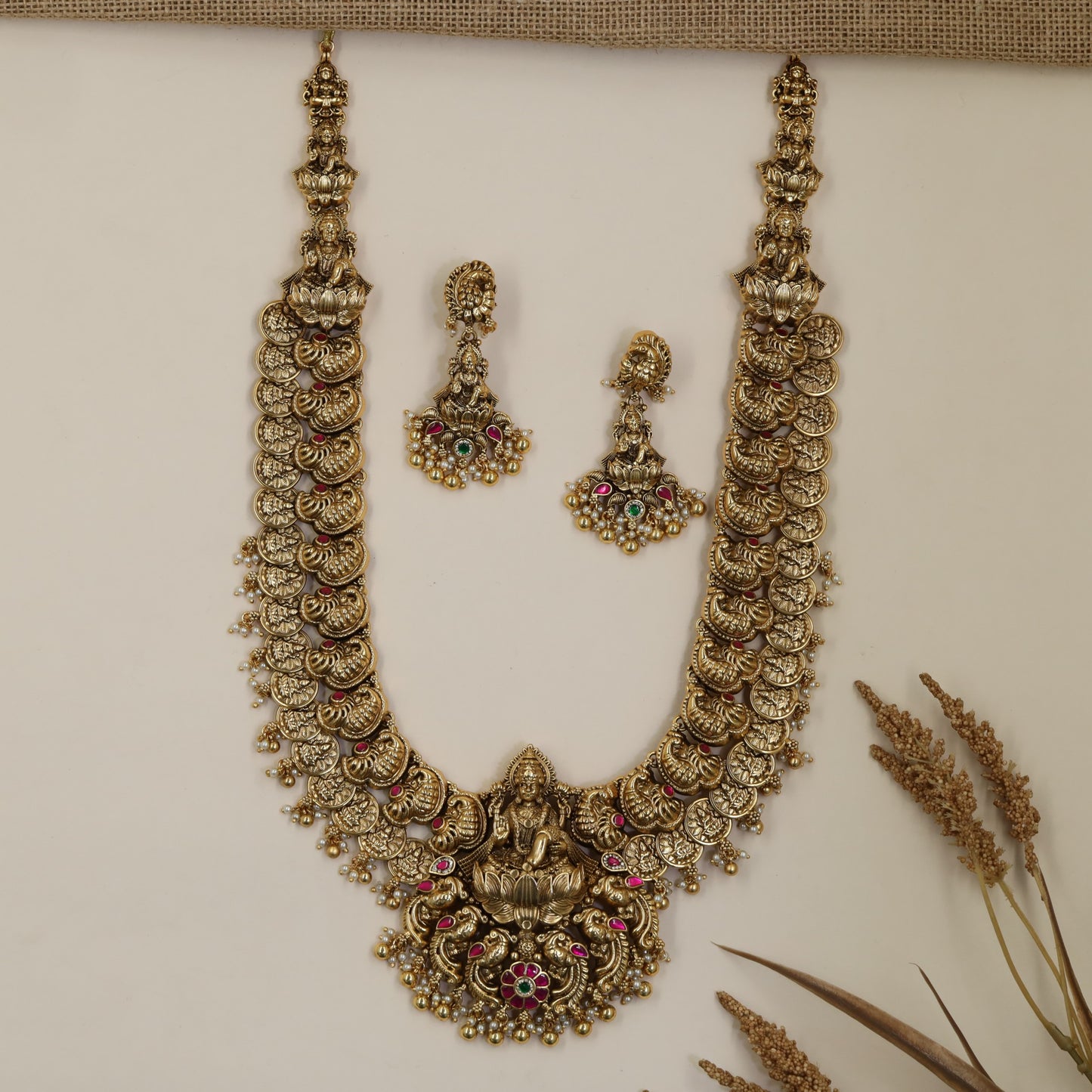 Antique Long Haara with Detailed Coin Work and Traditional Lakshmi Centre