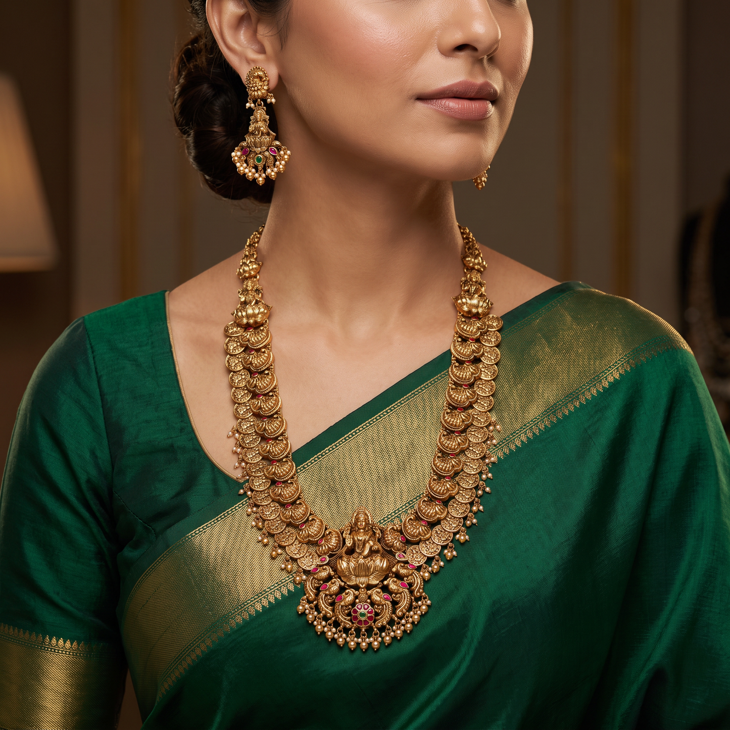 Antique Long Haara with Detailed Coin Work and Traditional Lakshmi Centre