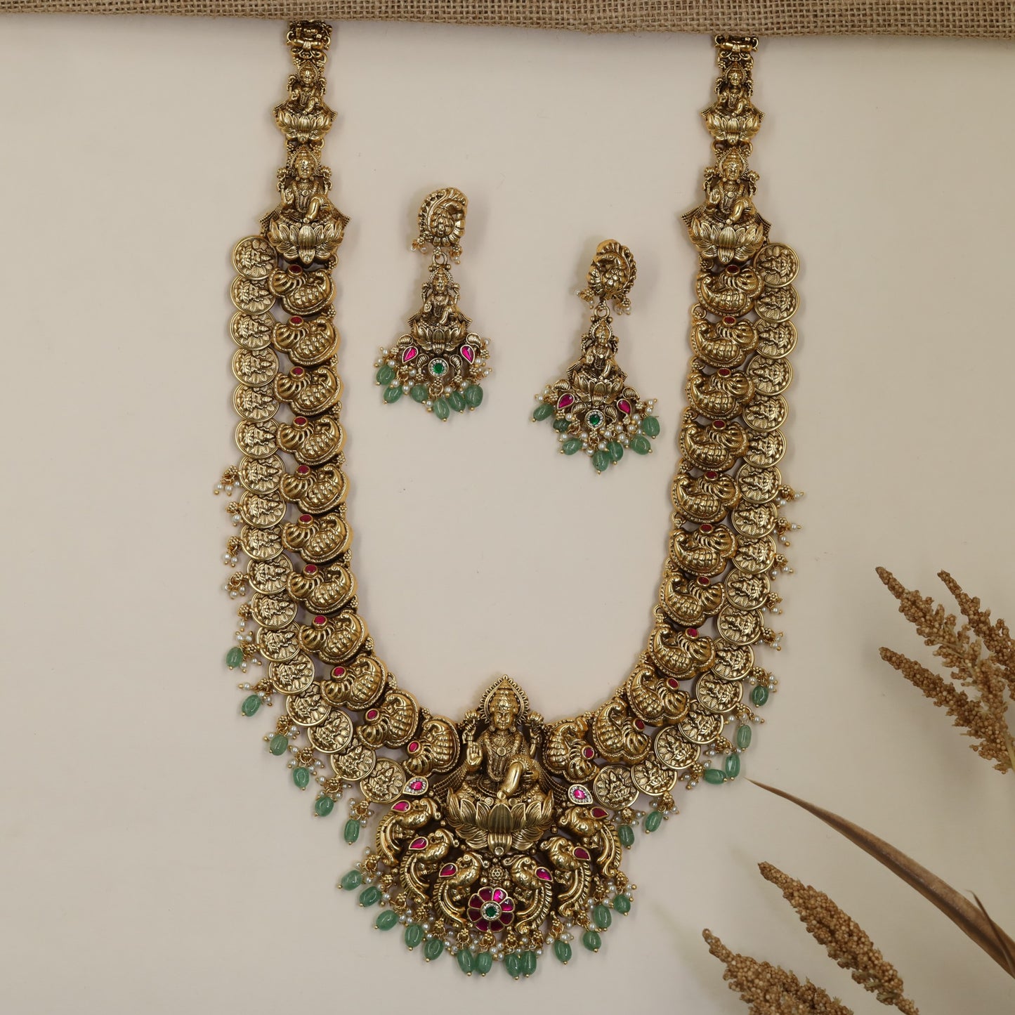 Antique Long Haara with Detailed Coin Work and Traditional Lakshmi Centre