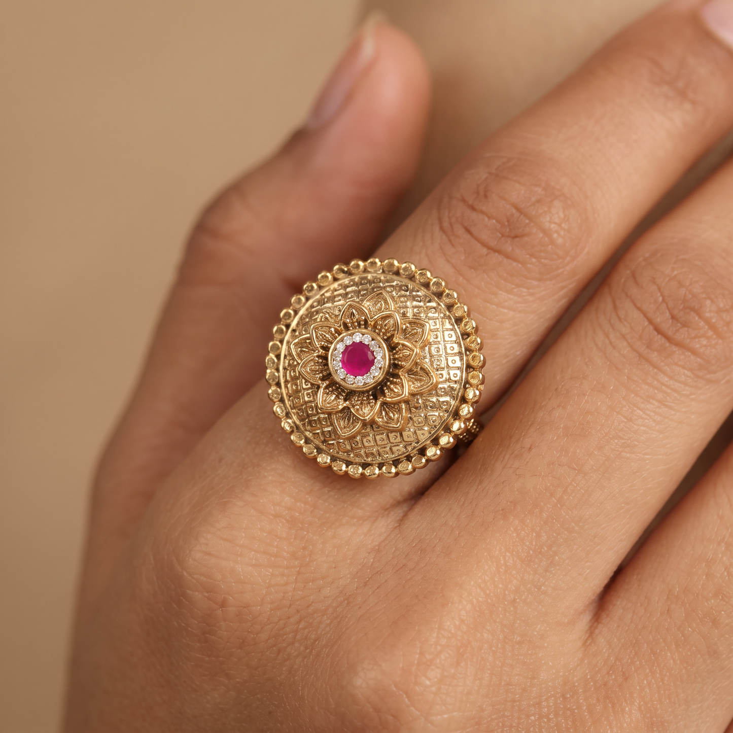Sculpted Floral Centre with Intricate Border Work Antique Finger Ring