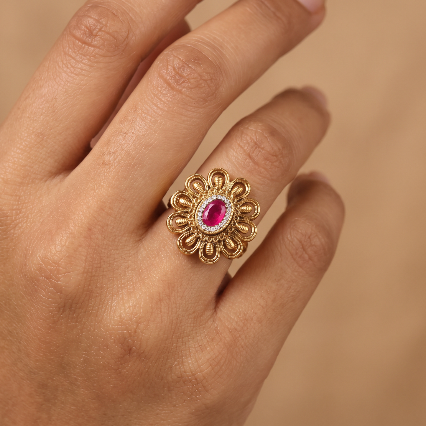 Traditional Antique Finger Ring with Rounded Petal Work and Fine Openwork