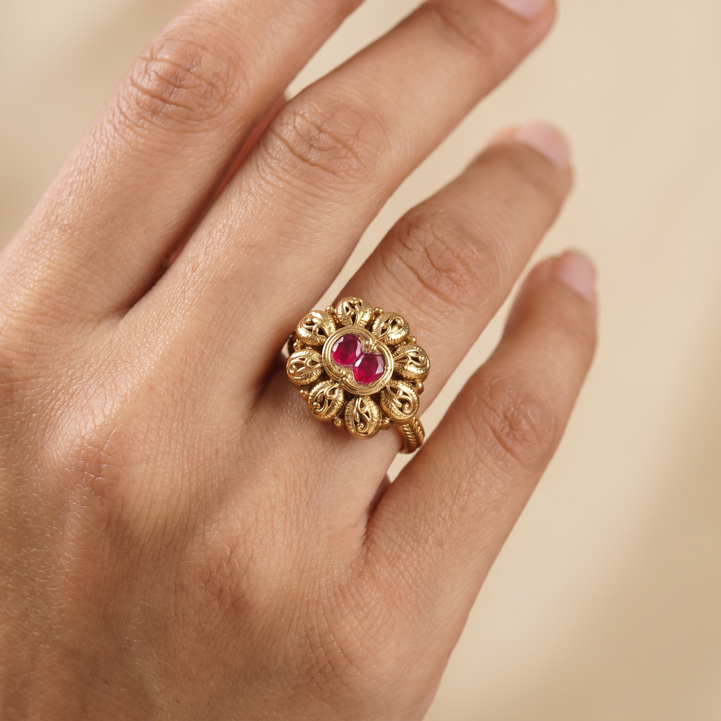Antique Finger Ring with Twin Oval Centre and Sculpted Floral Detailing
