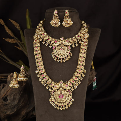 Antique Combo Jewellery Set with Sculpted Floral Work and Decorative Peacock Details