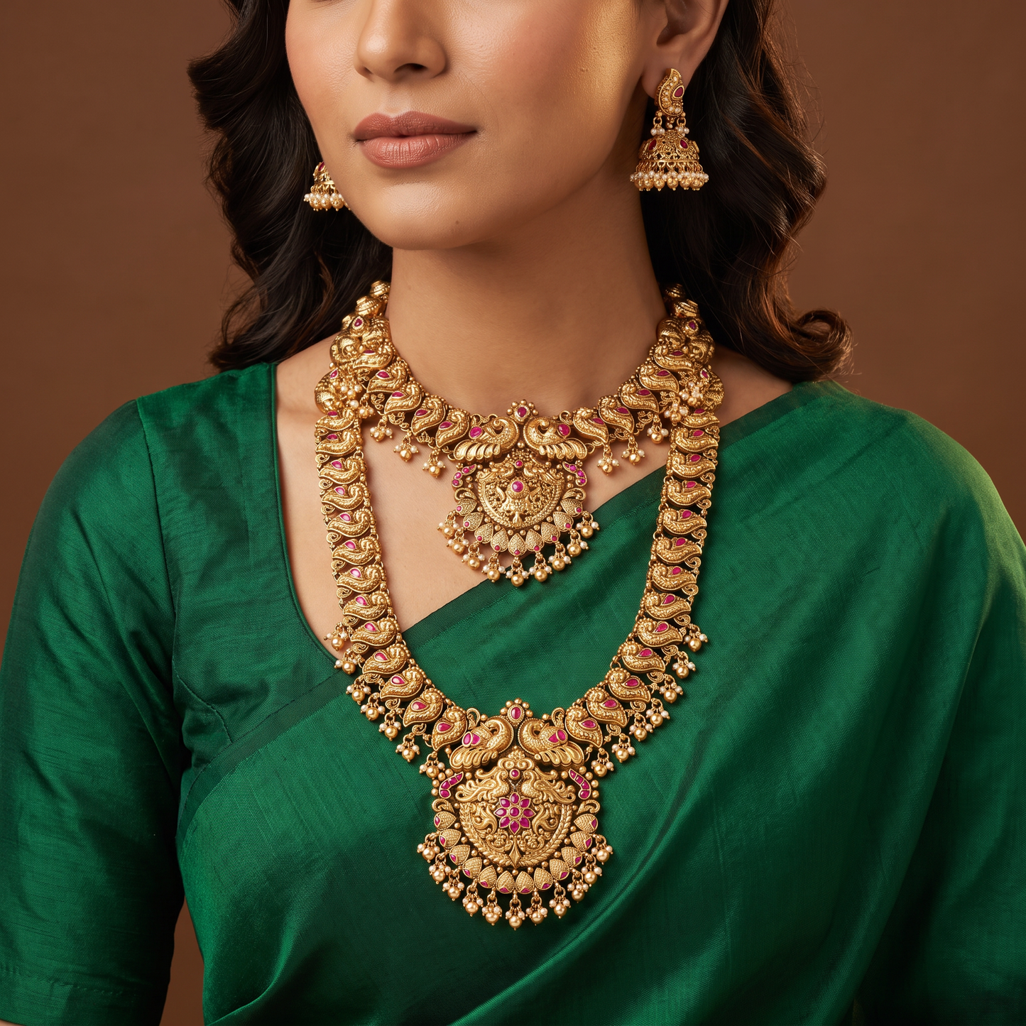 Antique Combo Jewellery Set with Sculpted Floral Work and Decorative Peacock Details
