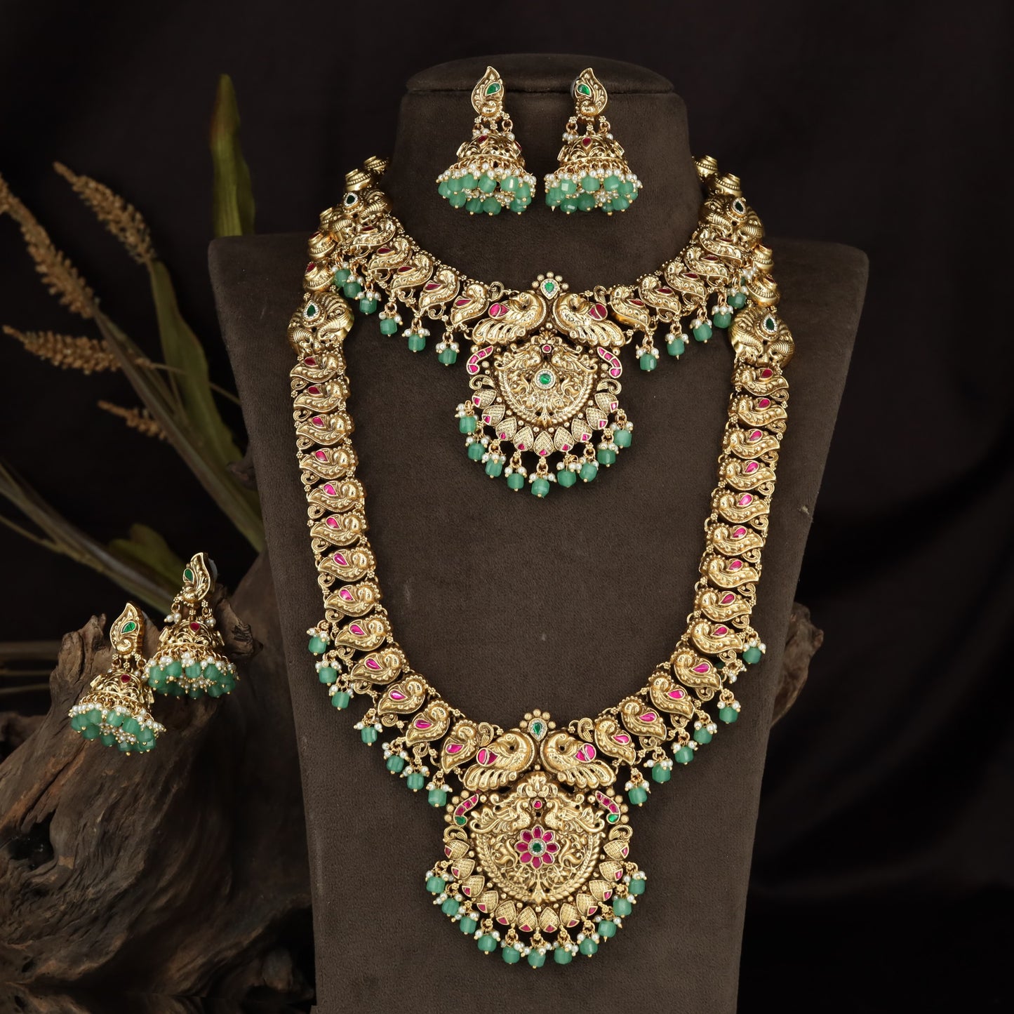 Antique Combo Jewellery Set with Sculpted Floral Work and Decorative Peacock Details