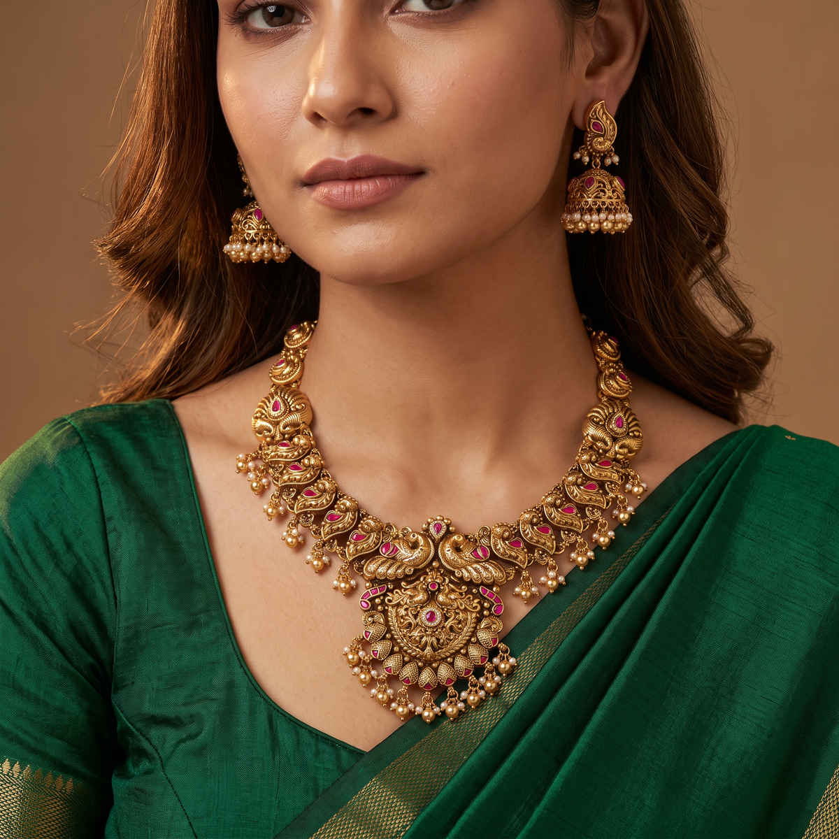 Peacock Antique Necklace Set with Statement Pendant