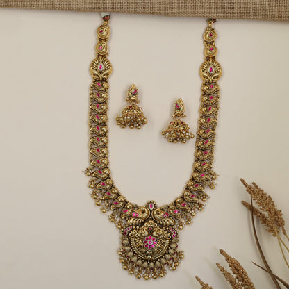 Peacock Long Haara with Intricate Curved Work and Ornamental Pendant