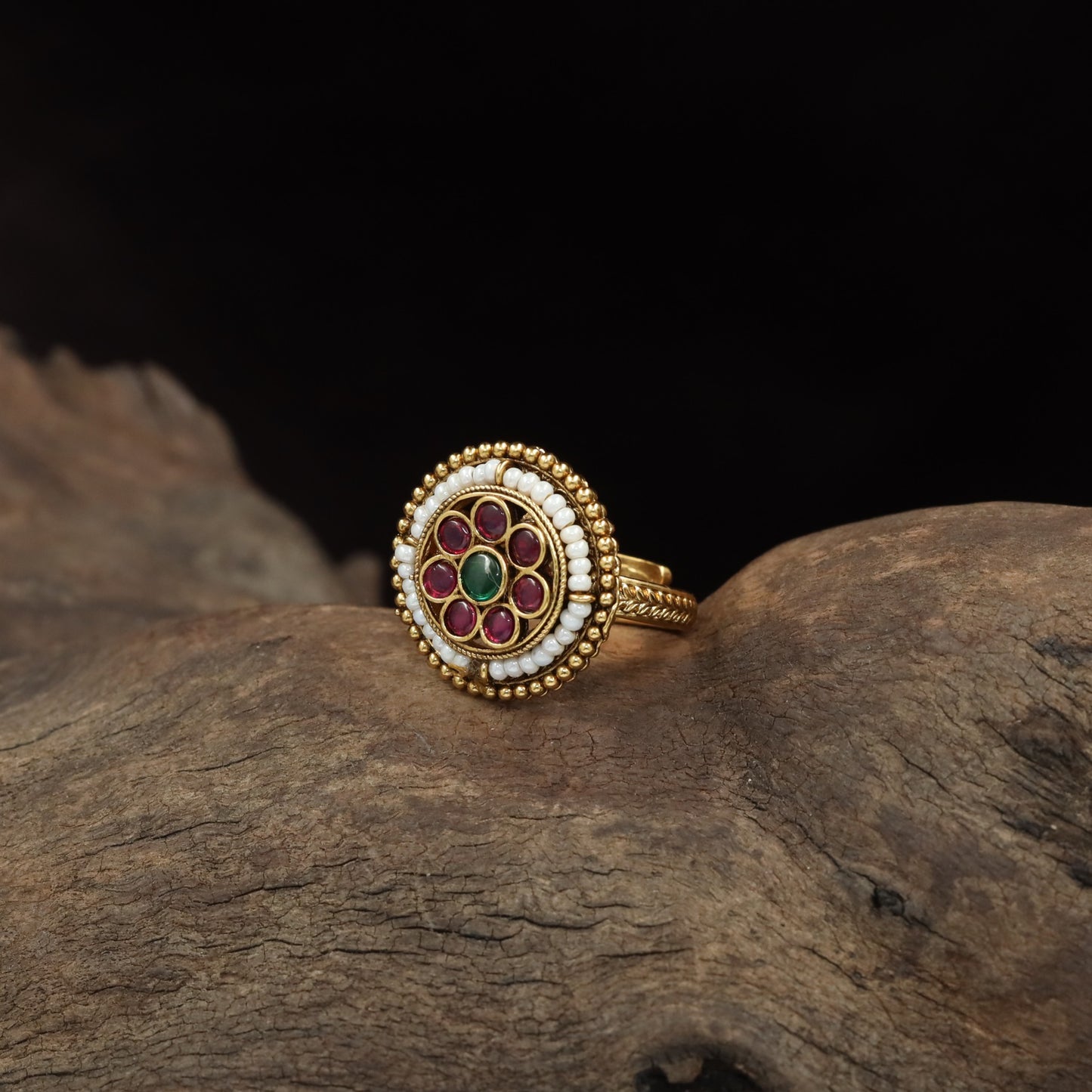 Floral Rosette Antique Finger Ring with Circular Pearl Border and Detailed Centre
