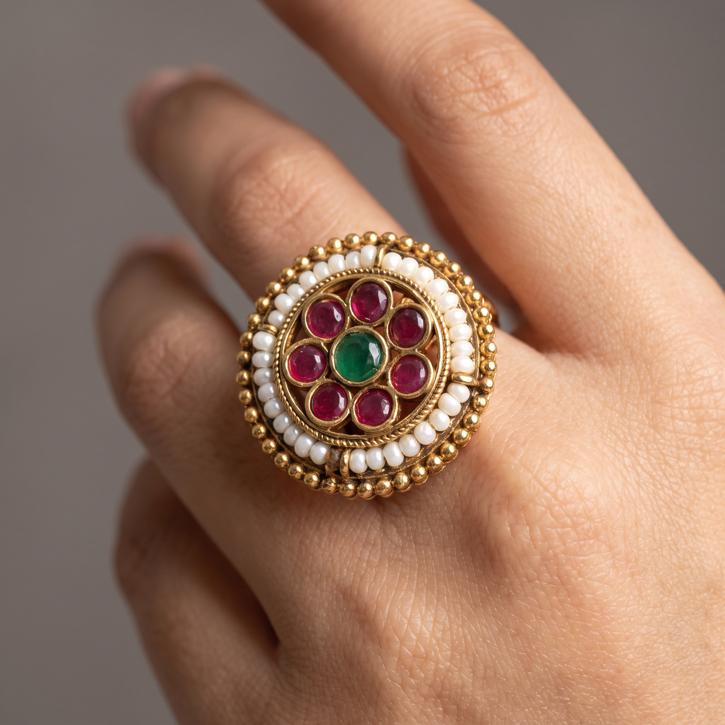 Floral Rosette Antique Finger Ring with Circular Pearl Border and Detailed Centre