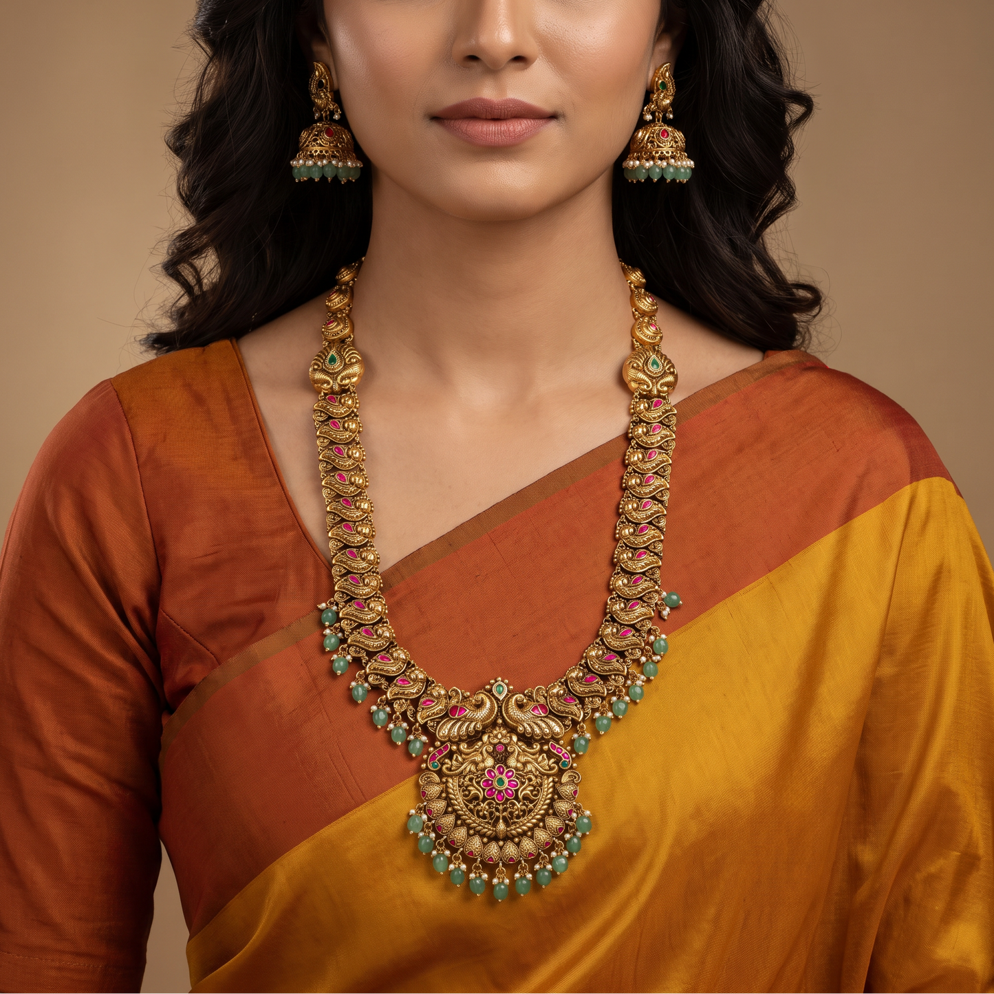 Peacock Long Haara with Intricate Curved Work and Ornamental Pendant