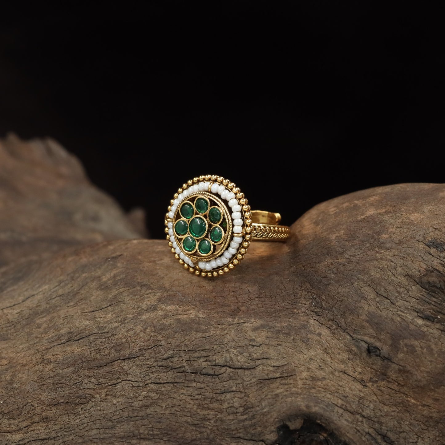 Floral Rosette Antique Finger Ring with Circular Pearl Border and Detailed Centre