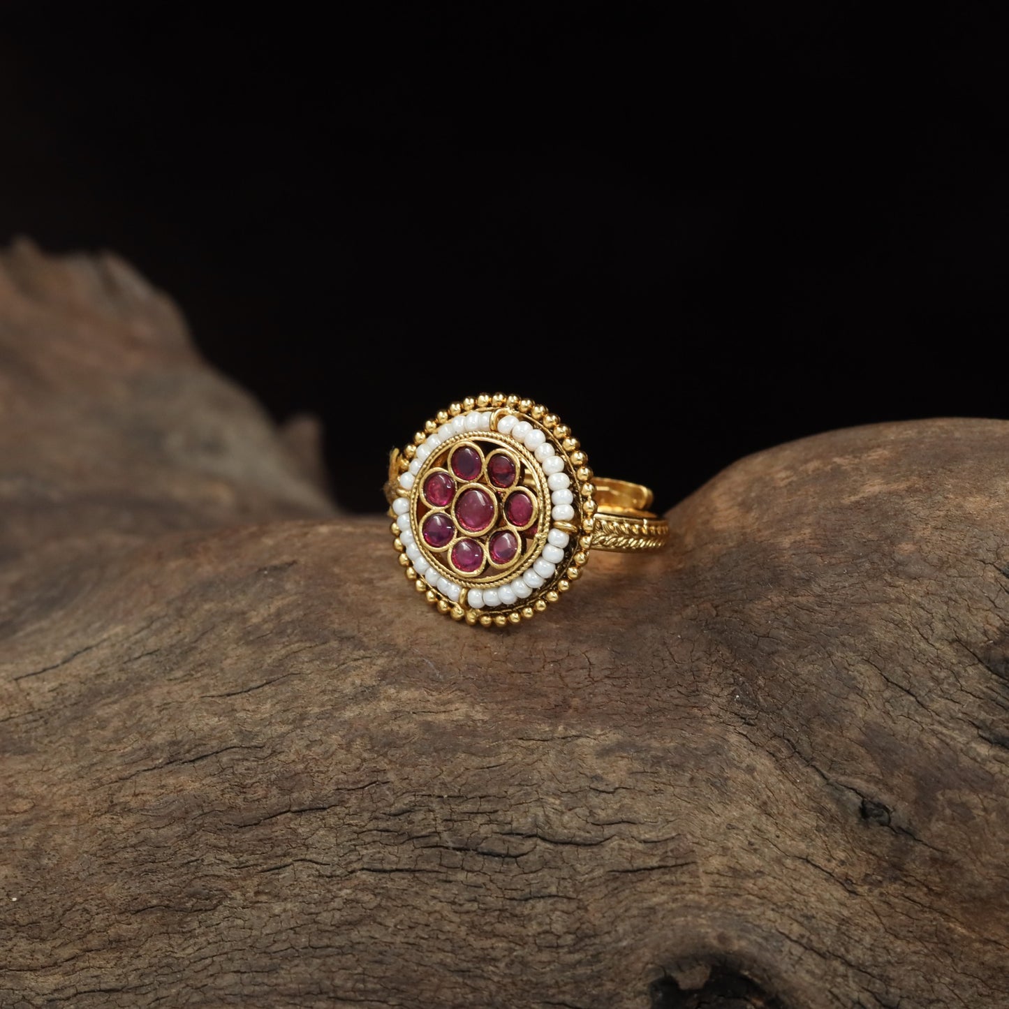 Floral Rosette Antique Finger Ring with Circular Pearl Border and Detailed Centre