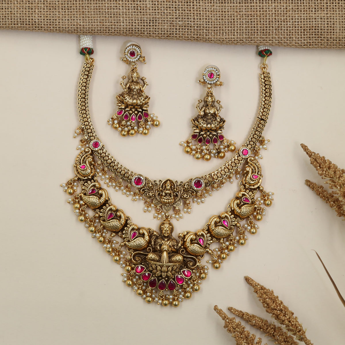 Antique Lakshmi Necklace Set with Peacock Motifs
