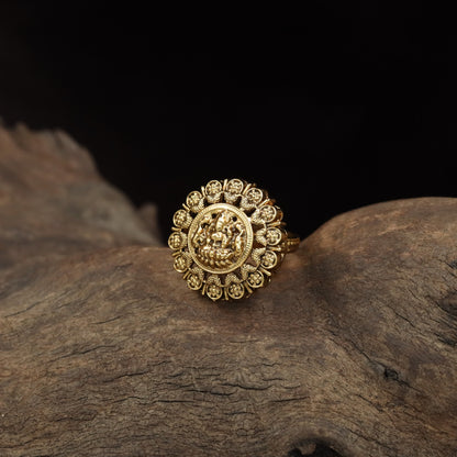 Lakshmi Antique Finger Ring with Ornate Medallion and Floral Border