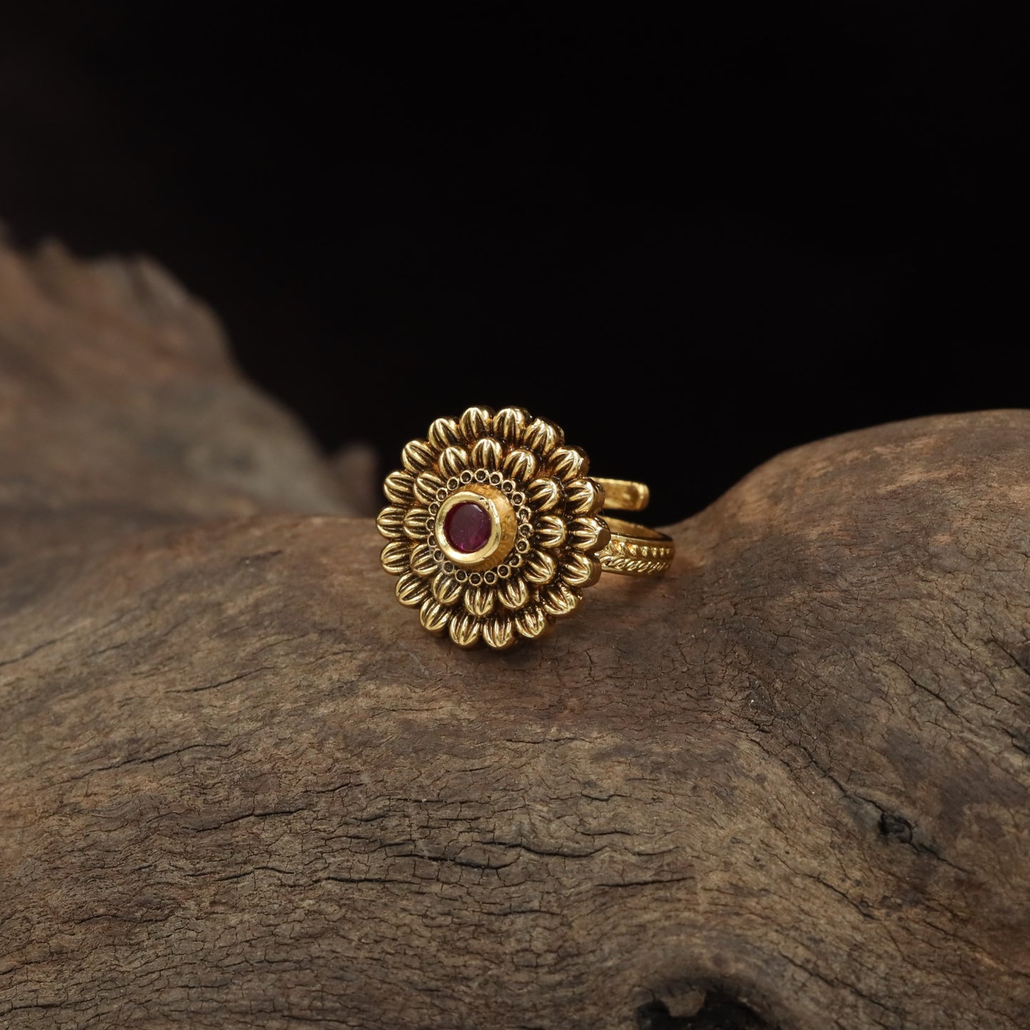 Floral Rosette Antique Finger Ring with Sculpted Petal Detailing and Ornate Centre