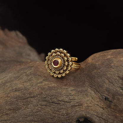 Floral Rosette Antique Finger Ring with Sculpted Petal Detailing and Ornate Centre
